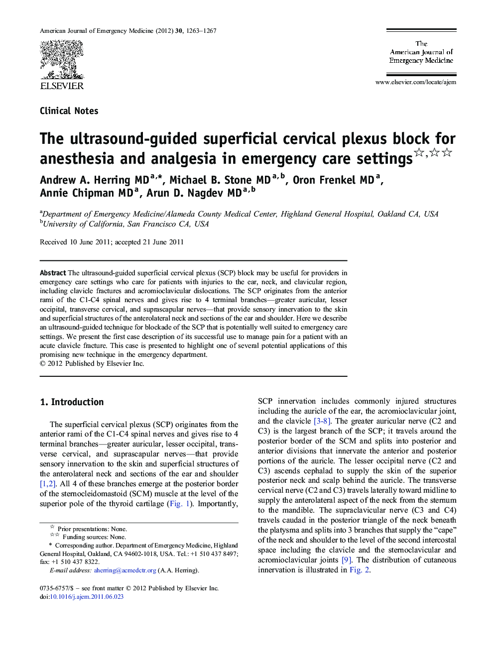 The ultrasound-guided superficial cervical plexus block for anesthesia and analgesia in emergency care settings 