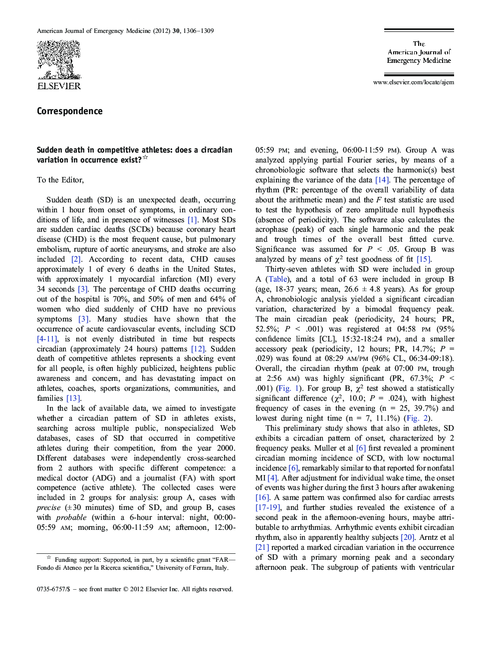 Sudden death in competitive athletes: does a circadian variation in occurrence exist?