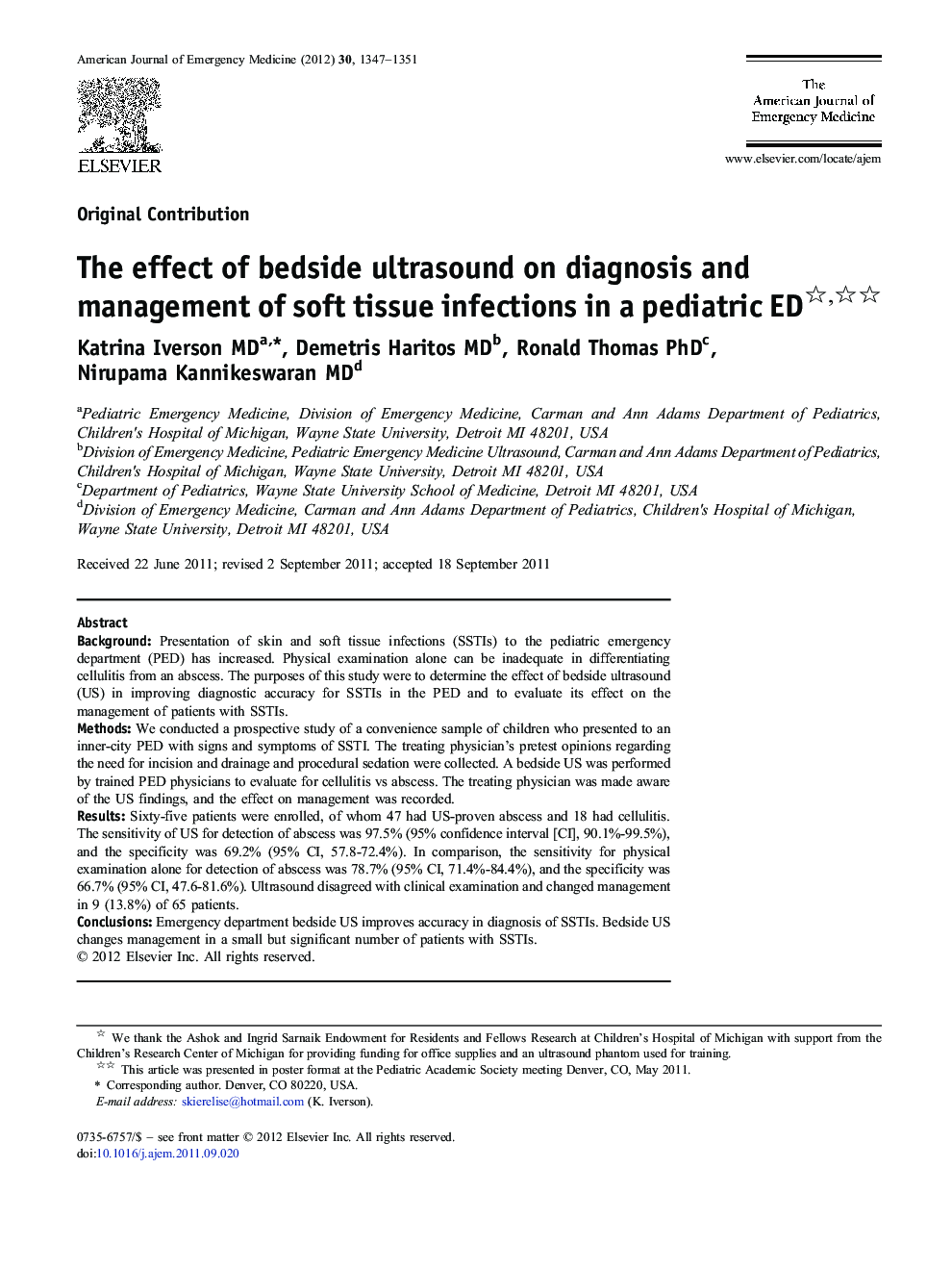 The effect of bedside ultrasound on diagnosis and management of soft tissue infections in a pediatric ED 