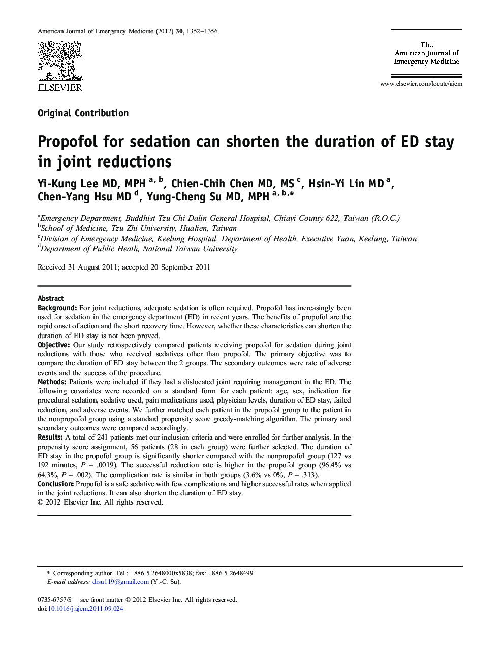 Propofol for sedation can shorten the duration of ED stay in joint reductions