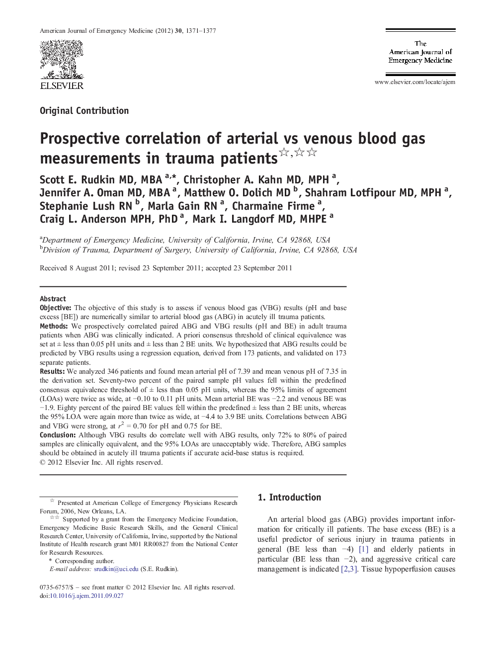 Prospective correlation of arterial vs venous blood gas measurements in trauma patients 