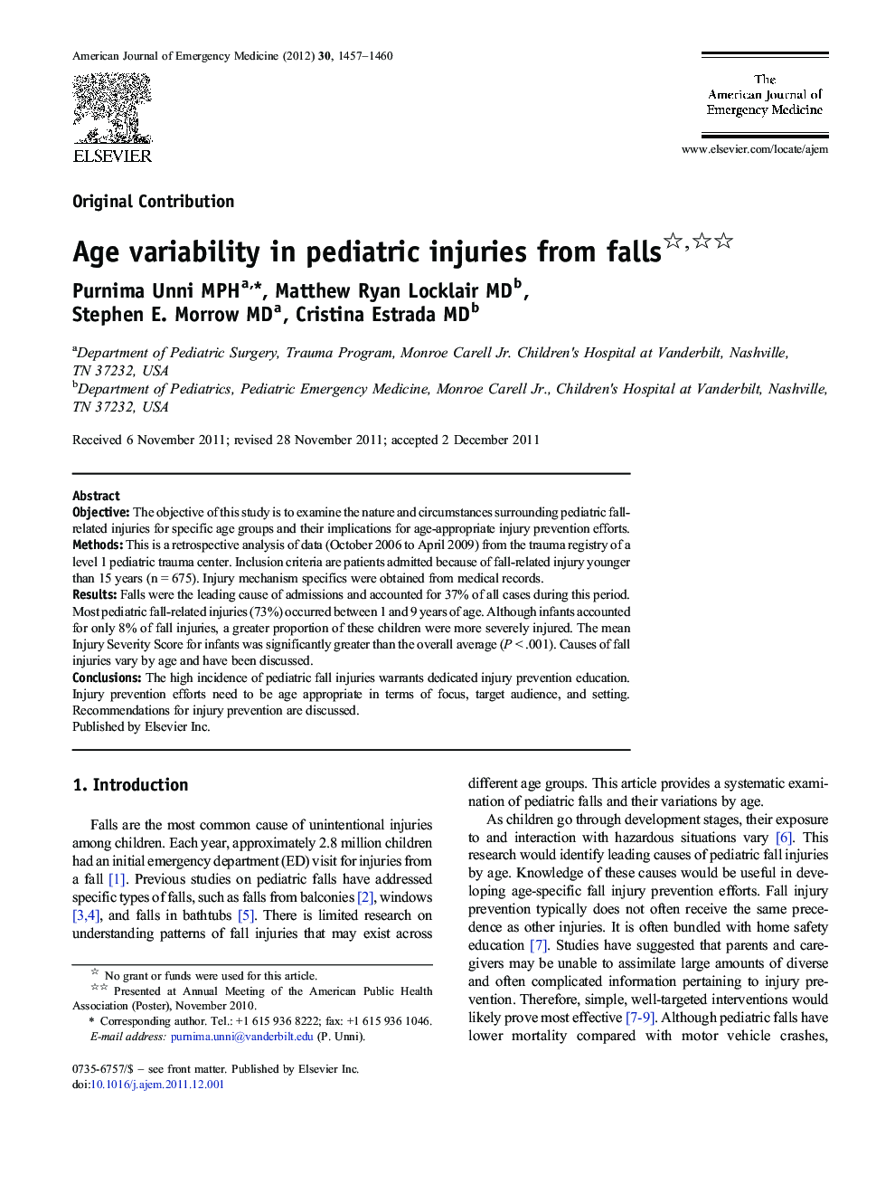 Age variability in pediatric injuries from falls 