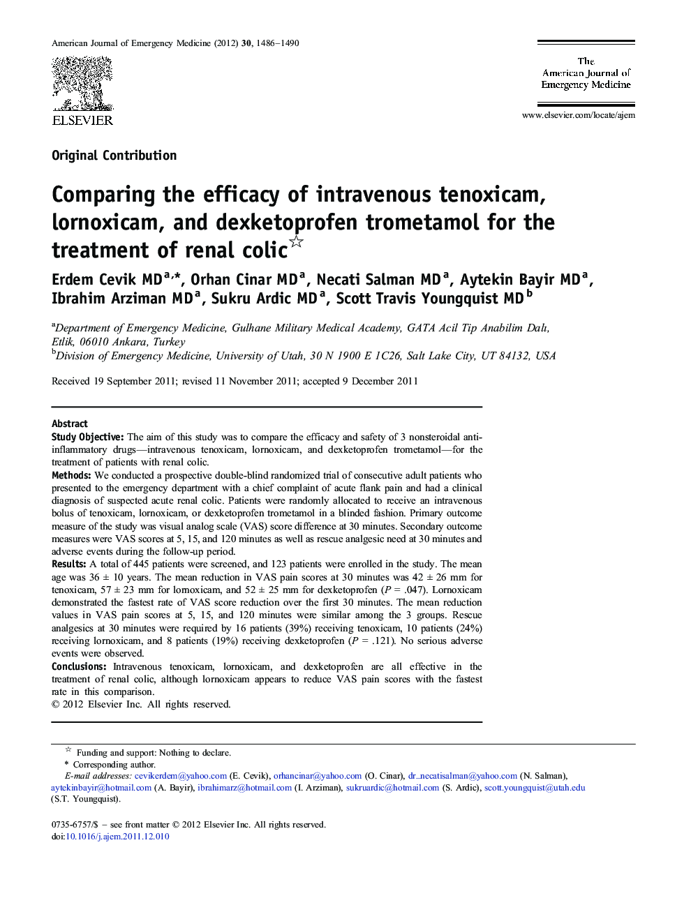 Comparing the efficacy of intravenous tenoxicam, lornoxicam, and dexketoprofen trometamol for the treatment of renal colic 