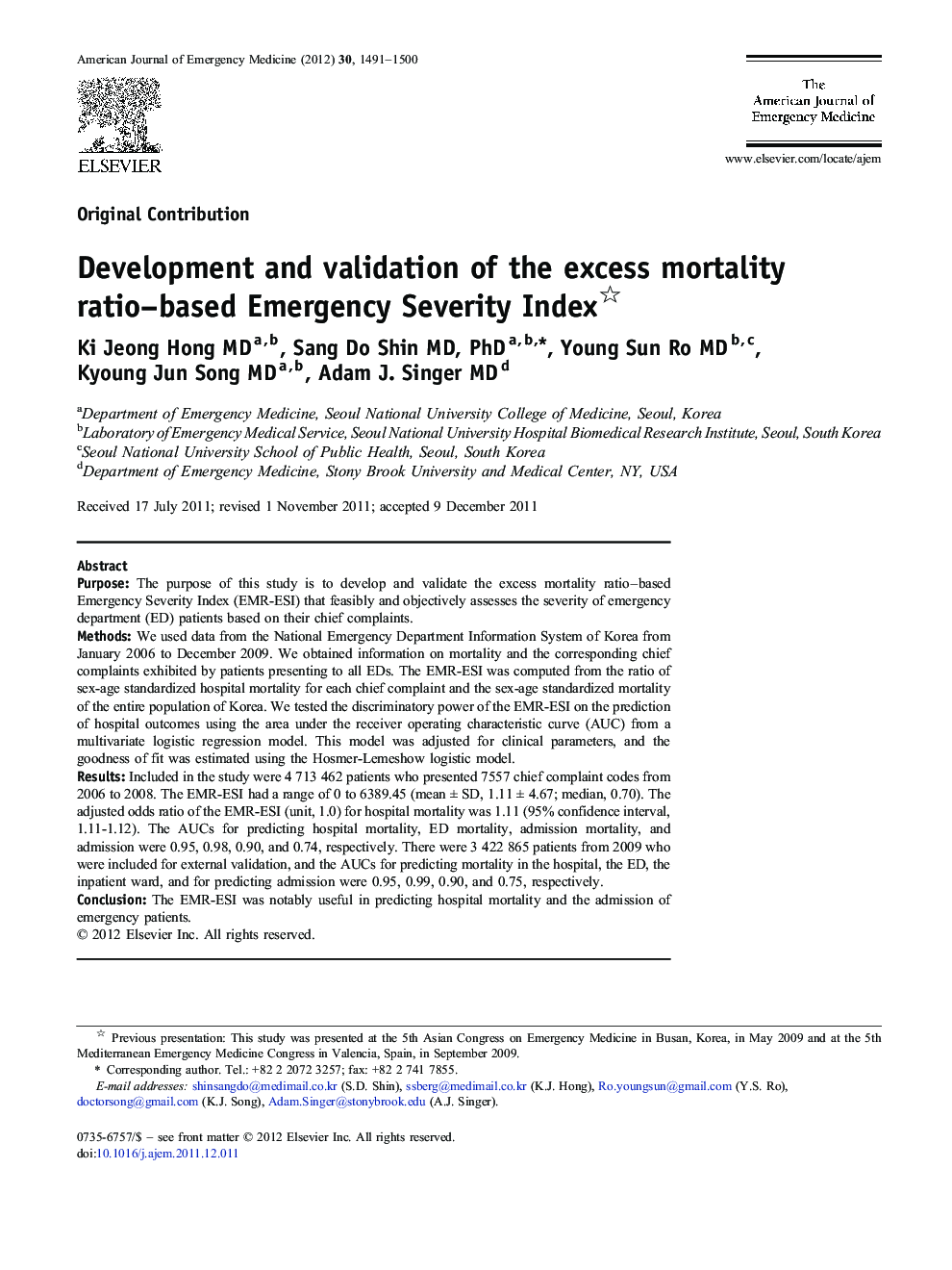 Development and validation of the excess mortality ratio–based Emergency Severity Index 
