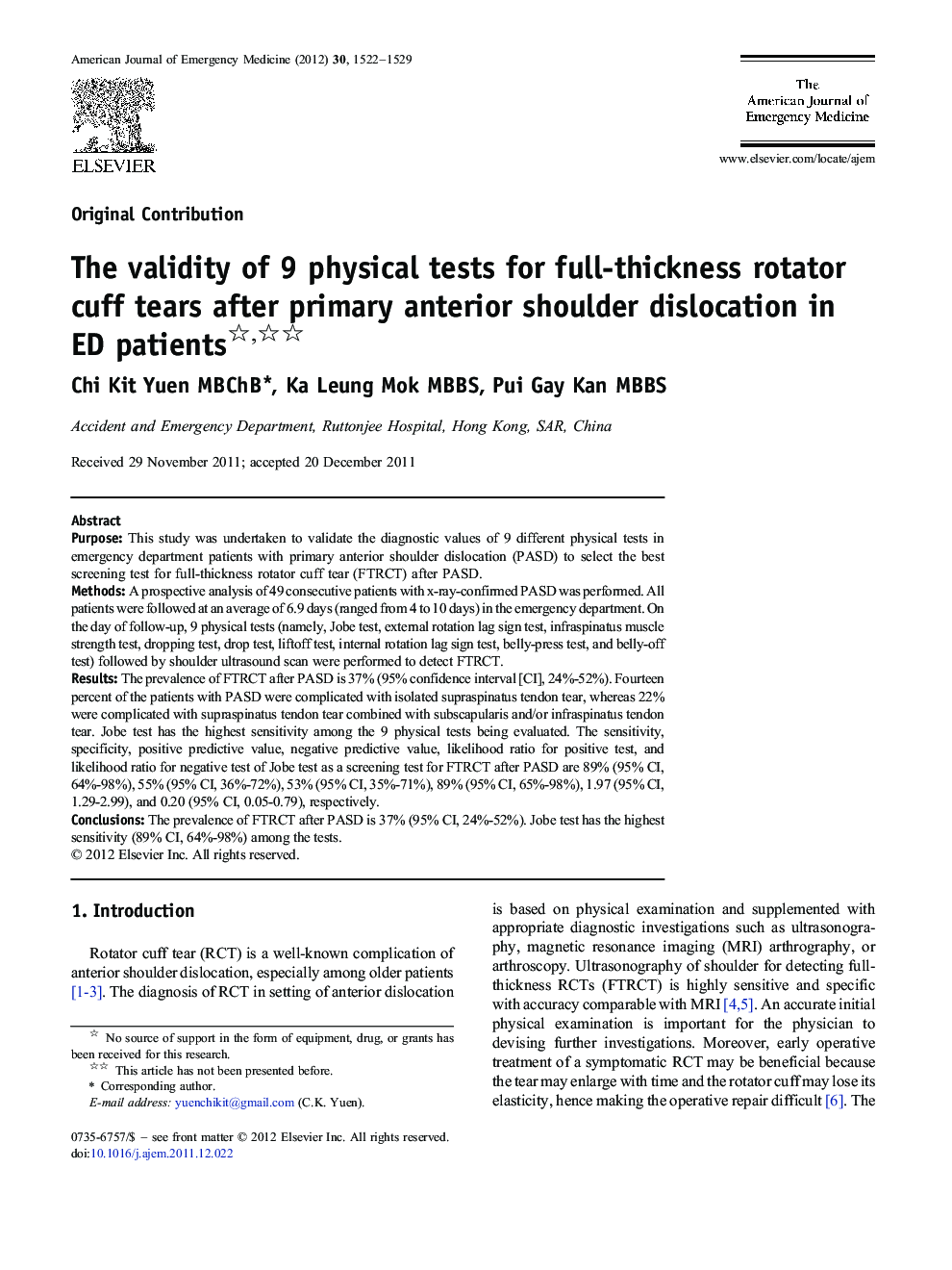 The validity of 9 physical tests for full-thickness rotator cuff tears after primary anterior shoulder dislocation in ED patients 