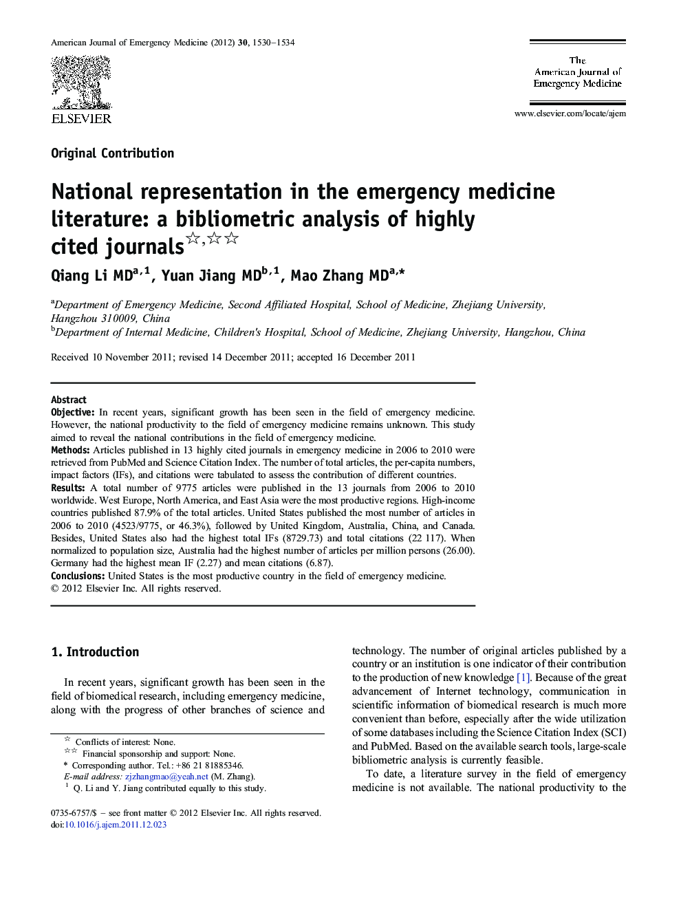 National representation in the emergency medicine literature: a bibliometric analysis of highly cited journals 