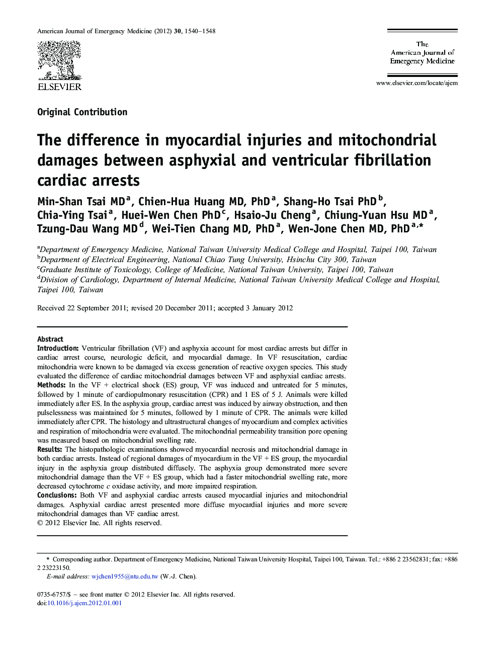 The difference in myocardial injuries and mitochondrial damages between asphyxial and ventricular fibrillation cardiac arrests