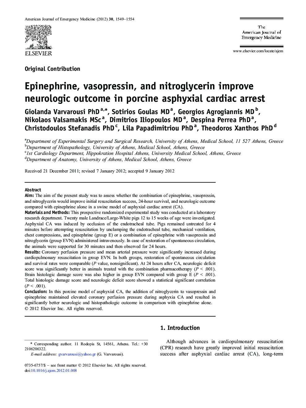 Epinephrine, vasopressin, and nitroglycerin improve neurologic outcome in porcine asphyxial cardiac arrest