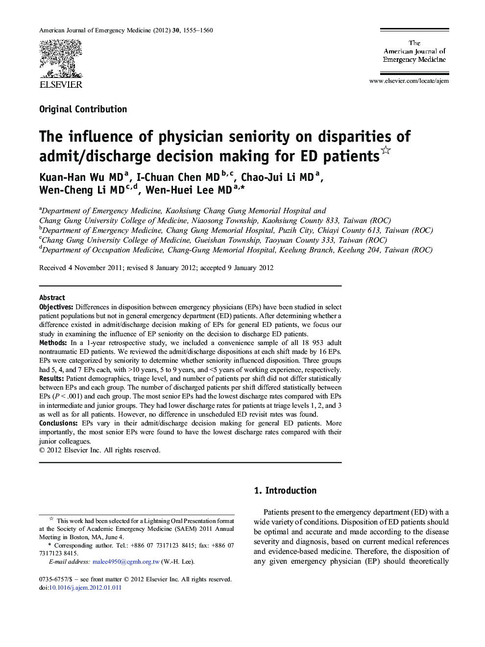 The influence of physician seniority on disparities of admit/discharge decision making for ED patients 