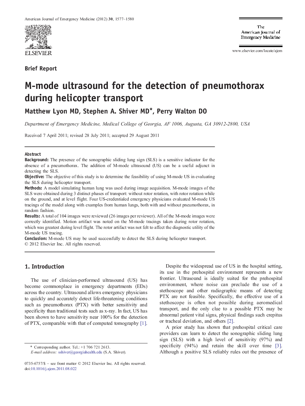 M-mode ultrasound for the detection of pneumothorax during helicopter transport