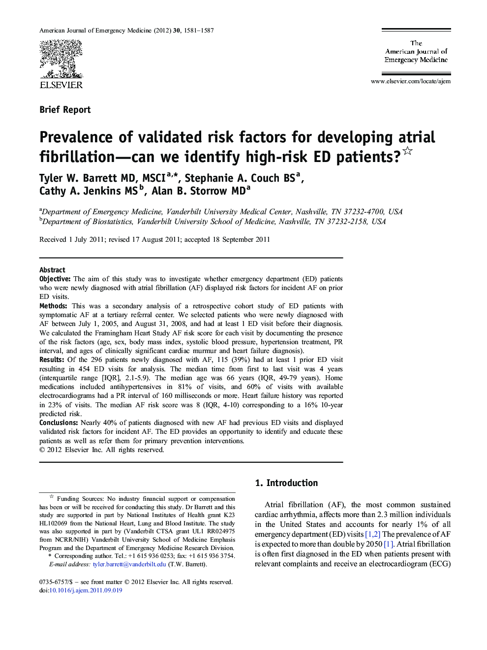 Prevalence of validated risk factors for developing atrial fibrillation-can we identify high-risk ED patients?