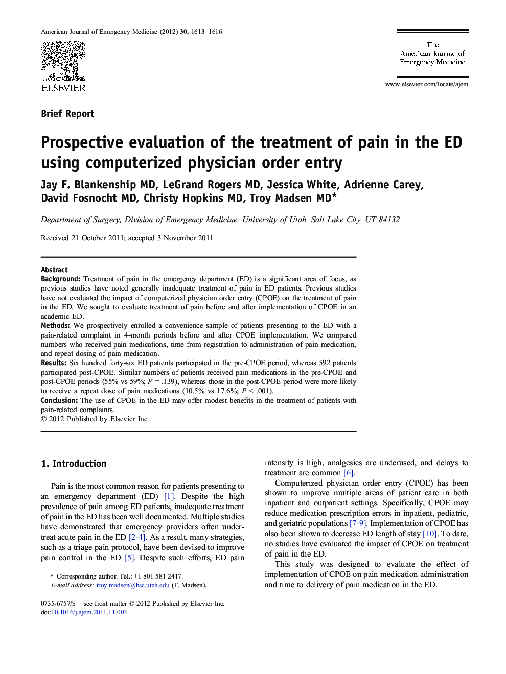 Prospective evaluation of the treatment of pain in the ED using computerized physician order entry