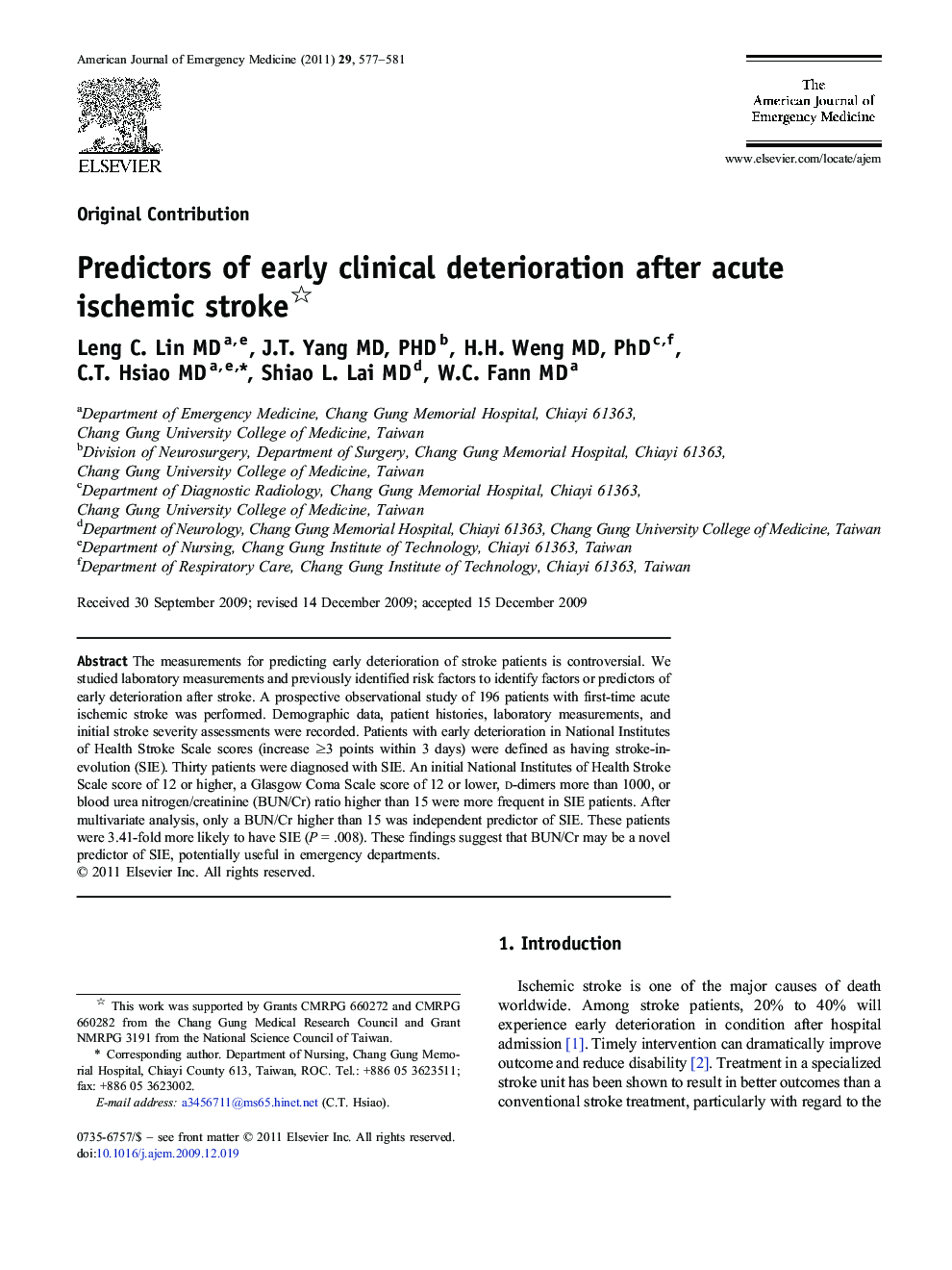 Predictors of early clinical deterioration after acute ischemic stroke 