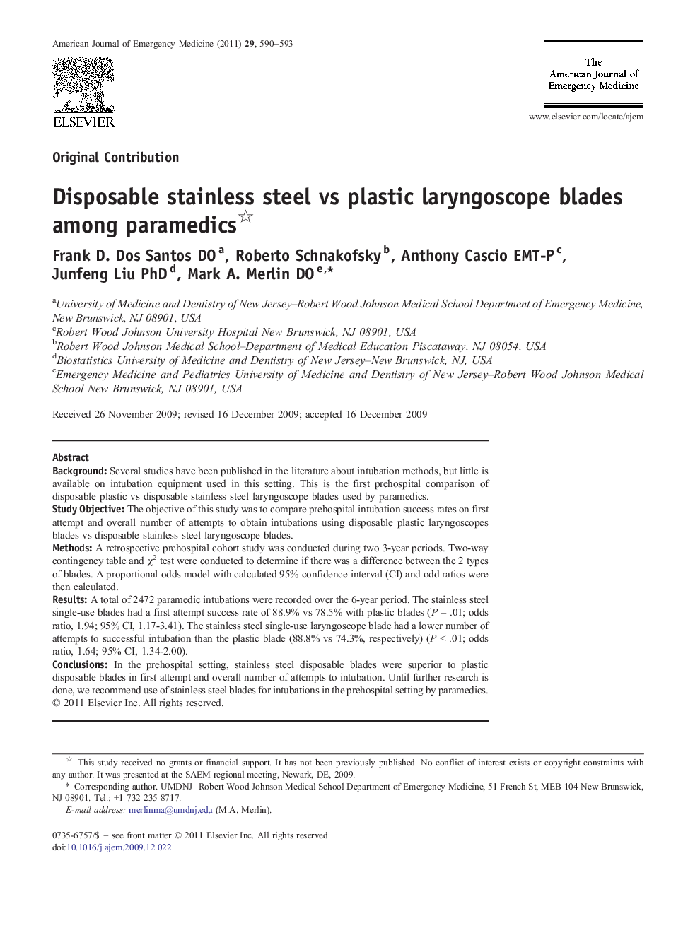 Disposable stainless steel vs plastic laryngoscope blades among paramedics