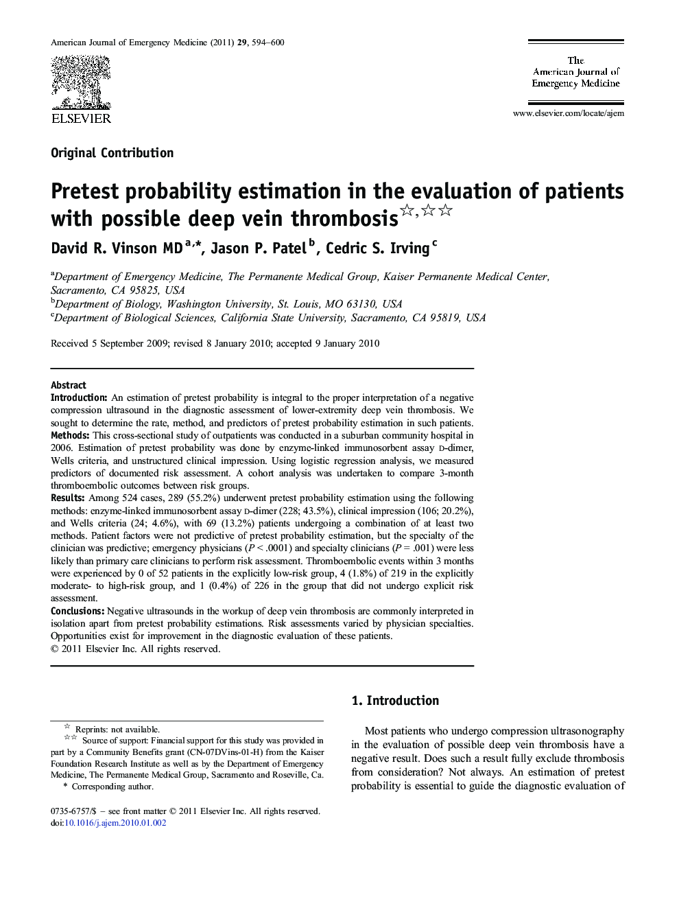 Pretest probability estimation in the evaluation of patients with possible deep vein thrombosis 