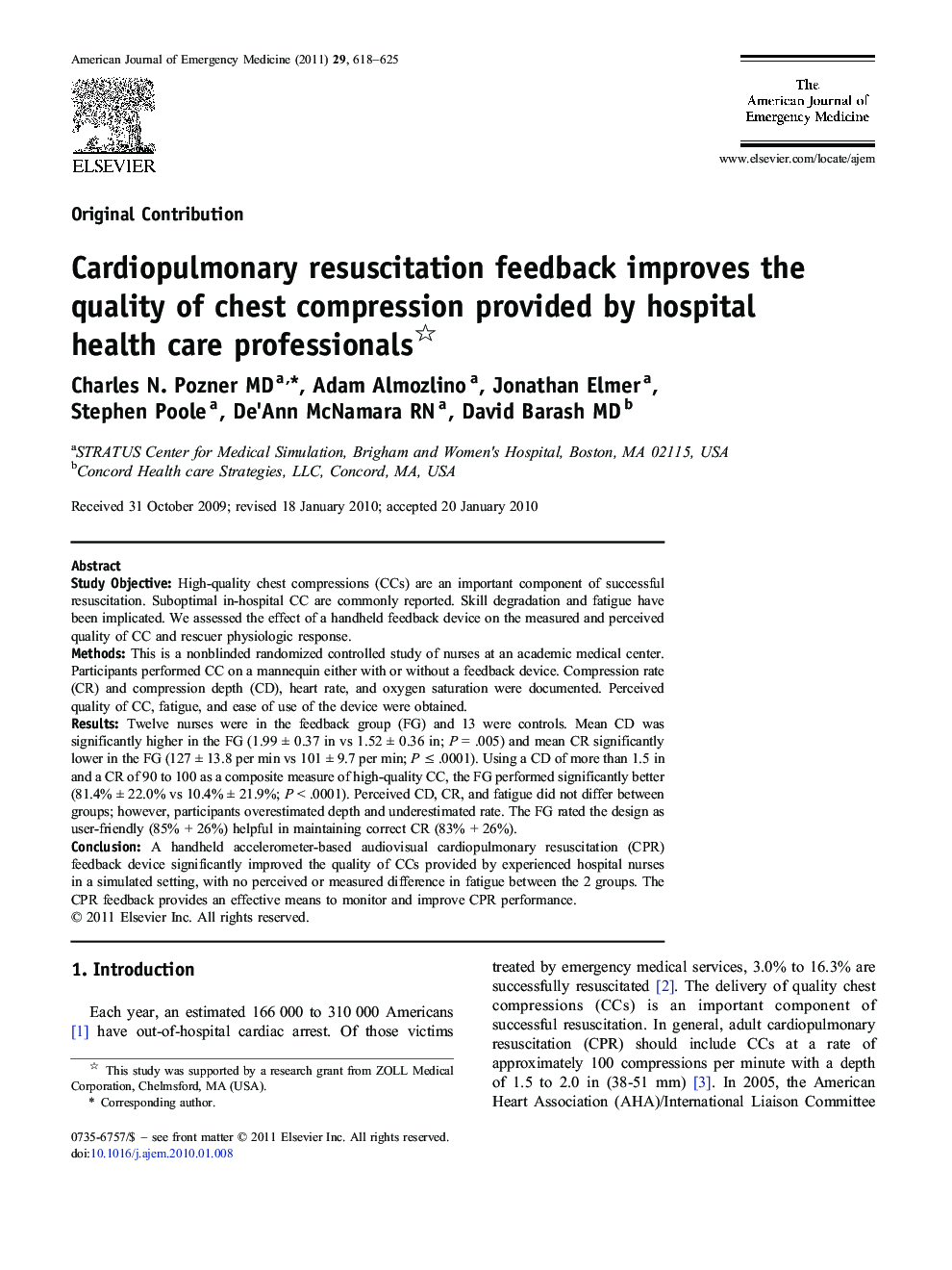 Cardiopulmonary resuscitation feedback improves the quality of chest compression provided by hospital health care professionals 