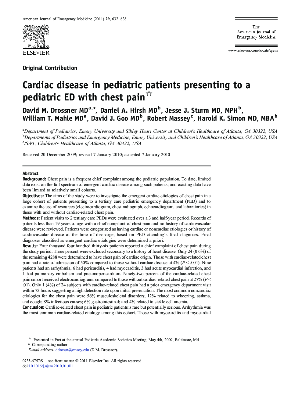 Cardiac disease in pediatric patients presenting to a pediatric ED with chest pain 