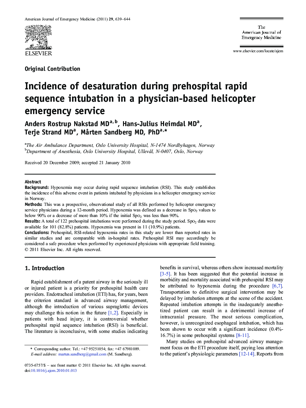 Incidence of desaturation during prehospital rapid sequence intubation in a physician-based helicopter emergency service