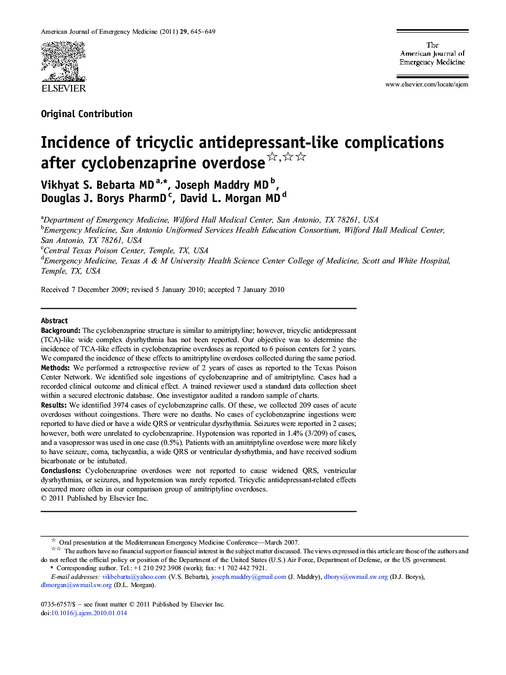 Incidence of tricyclic antidepressant-like complications after cyclobenzaprine overdose 
