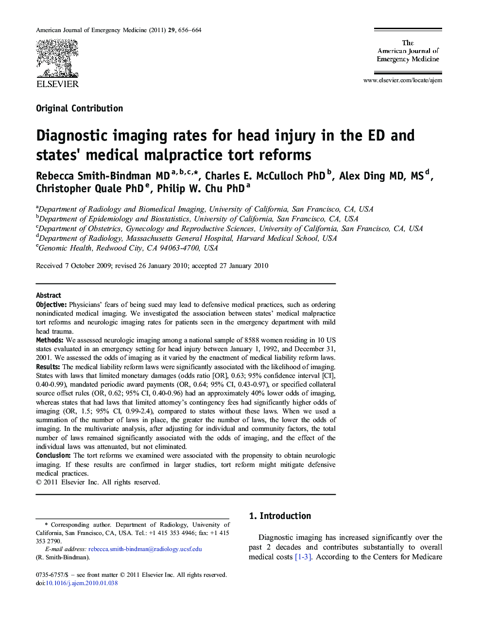 Diagnostic imaging rates for head injury in the ED and states' medical malpractice tort reforms