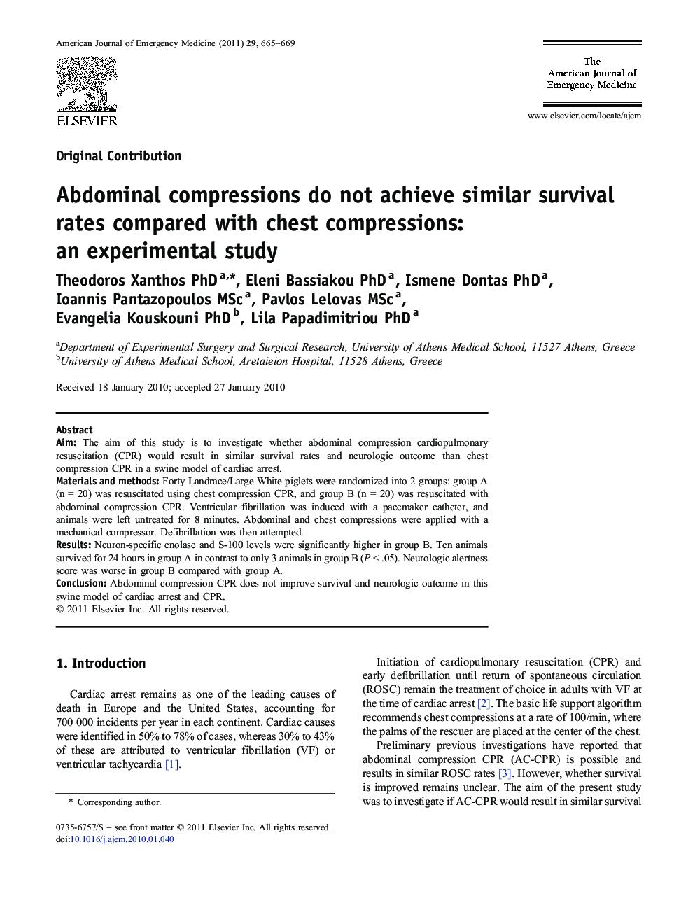 Abdominal compressions do not achieve similar survival rates compared with chest compressions: an experimental study