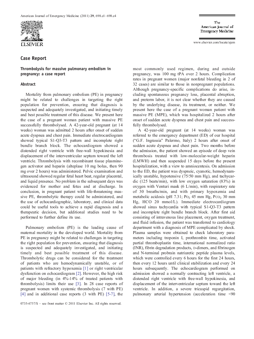 Thrombolysis for massive pulmonary embolism in pregnancy: a case report