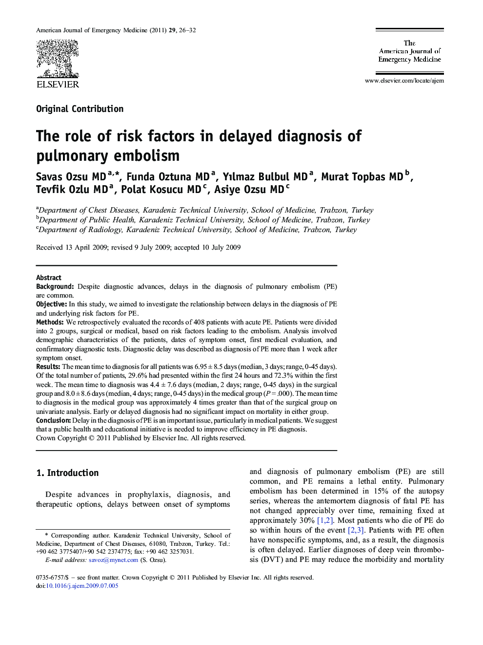 The role of risk factors in delayed diagnosis of pulmonary embolism