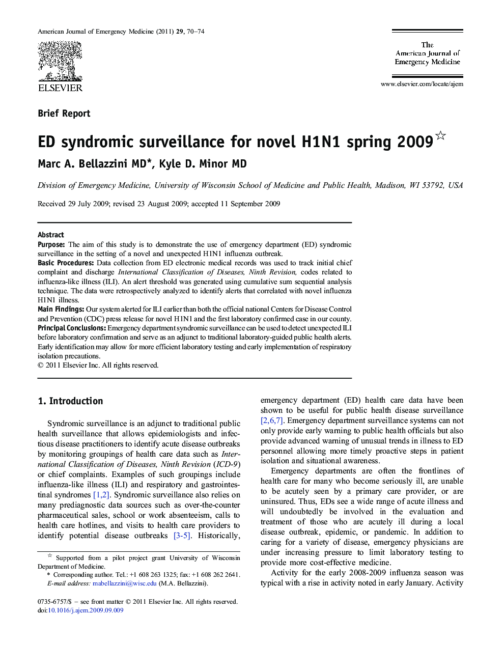 ED syndromic surveillance for novel H1N1 spring 2009 