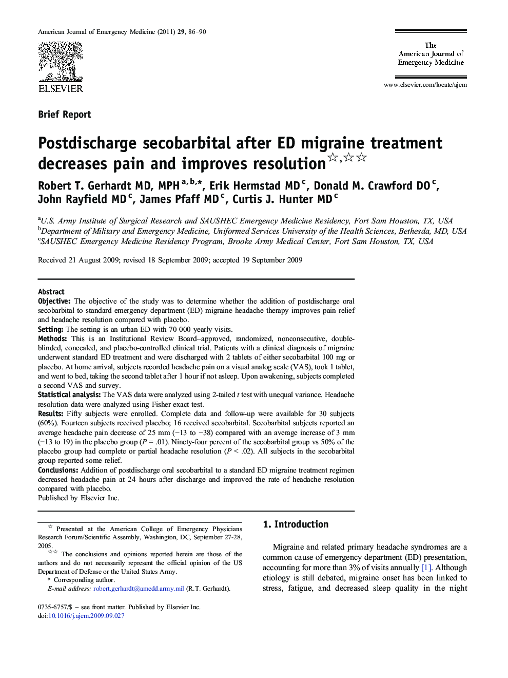 Postdischarge secobarbital after ED migraine treatment decreases pain and improves resolution 