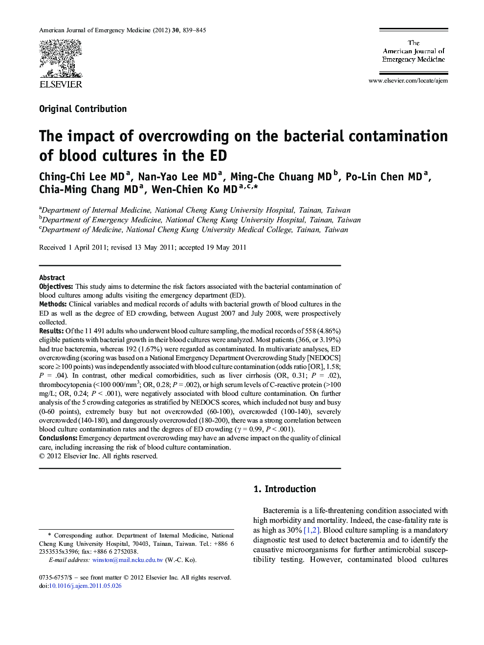 The impact of overcrowding on the bacterial contamination of blood cultures in the ED