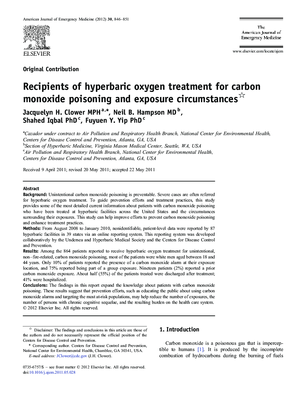 Recipients of hyperbaric oxygen treatment for carbon monoxide poisoning and exposure circumstances 