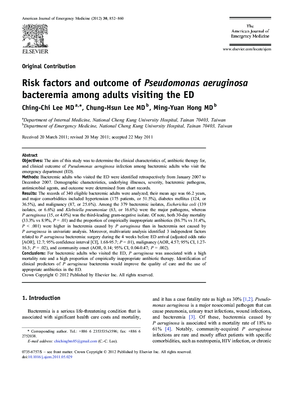 Risk factors and outcome of Pseudomonas aeruginosa bacteremia among adults visiting the ED