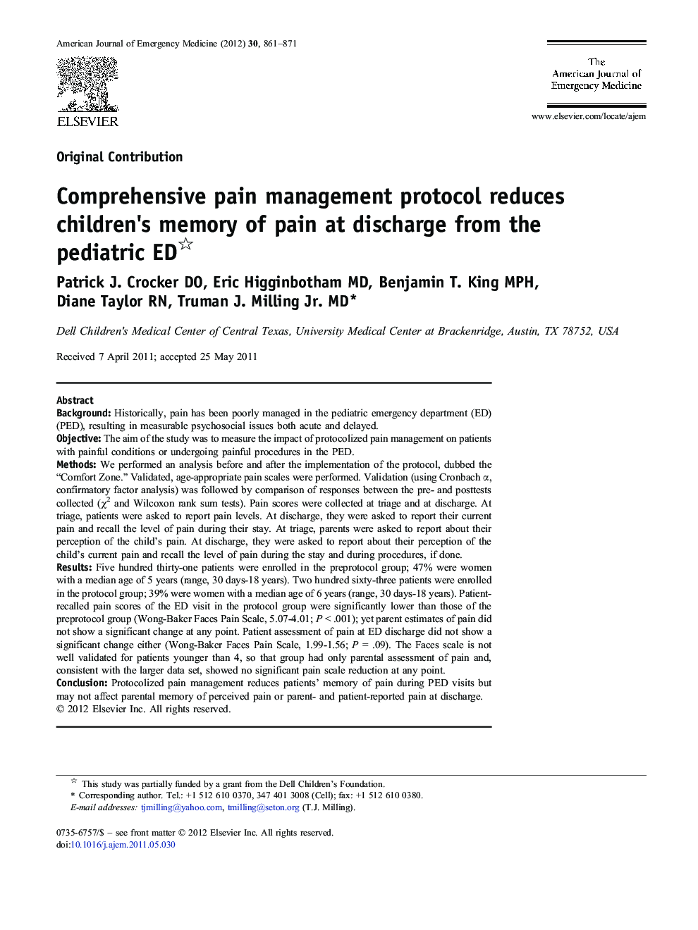 Comprehensive pain management protocol reduces children's memory of pain at discharge from the pediatric ED 