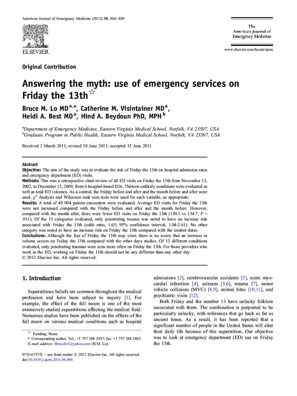 Answering the myth: use of emergency services on Friday the 13th 