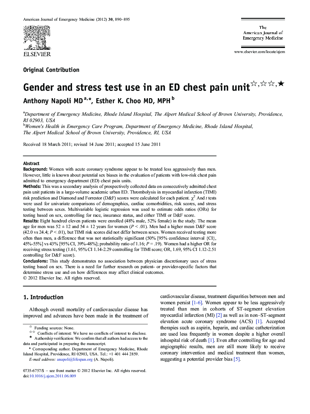 Gender and stress test use in an ED chest pain unit ★