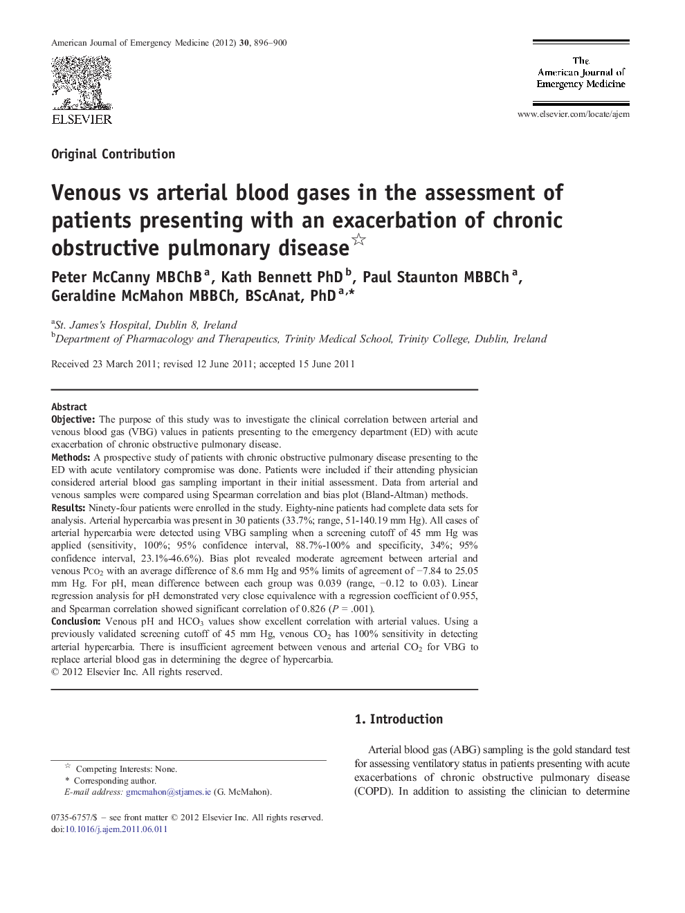 Venous vs arterial blood gases in the assessment of patients presenting with an exacerbation of chronic obstructive pulmonary disease 