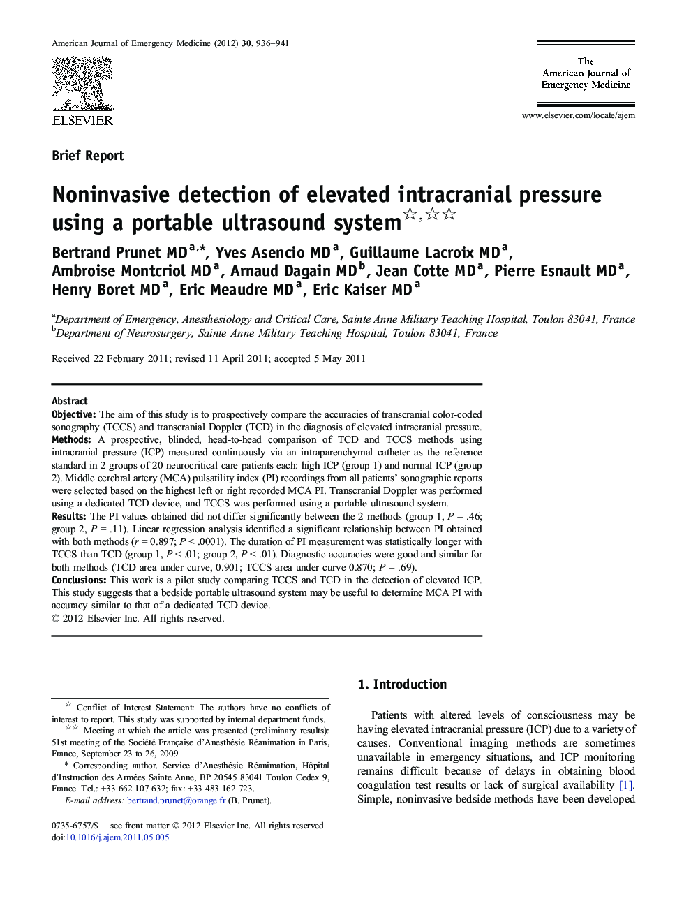 Noninvasive detection of elevated intracranial pressure using a portable ultrasound system 