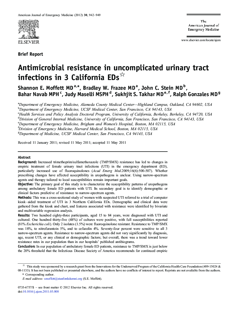 Antimicrobial resistance in uncomplicated urinary tract infections in 3 California EDs 
