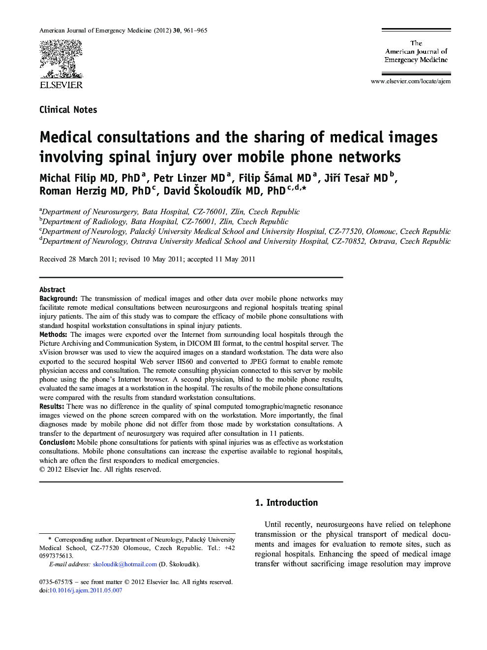 Medical consultations and the sharing of medical images involving spinal injury over mobile phone networks