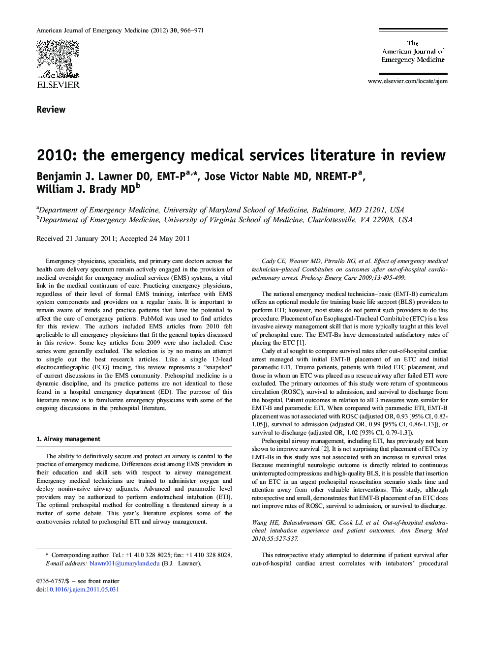 2010: the emergency medical services literature in review