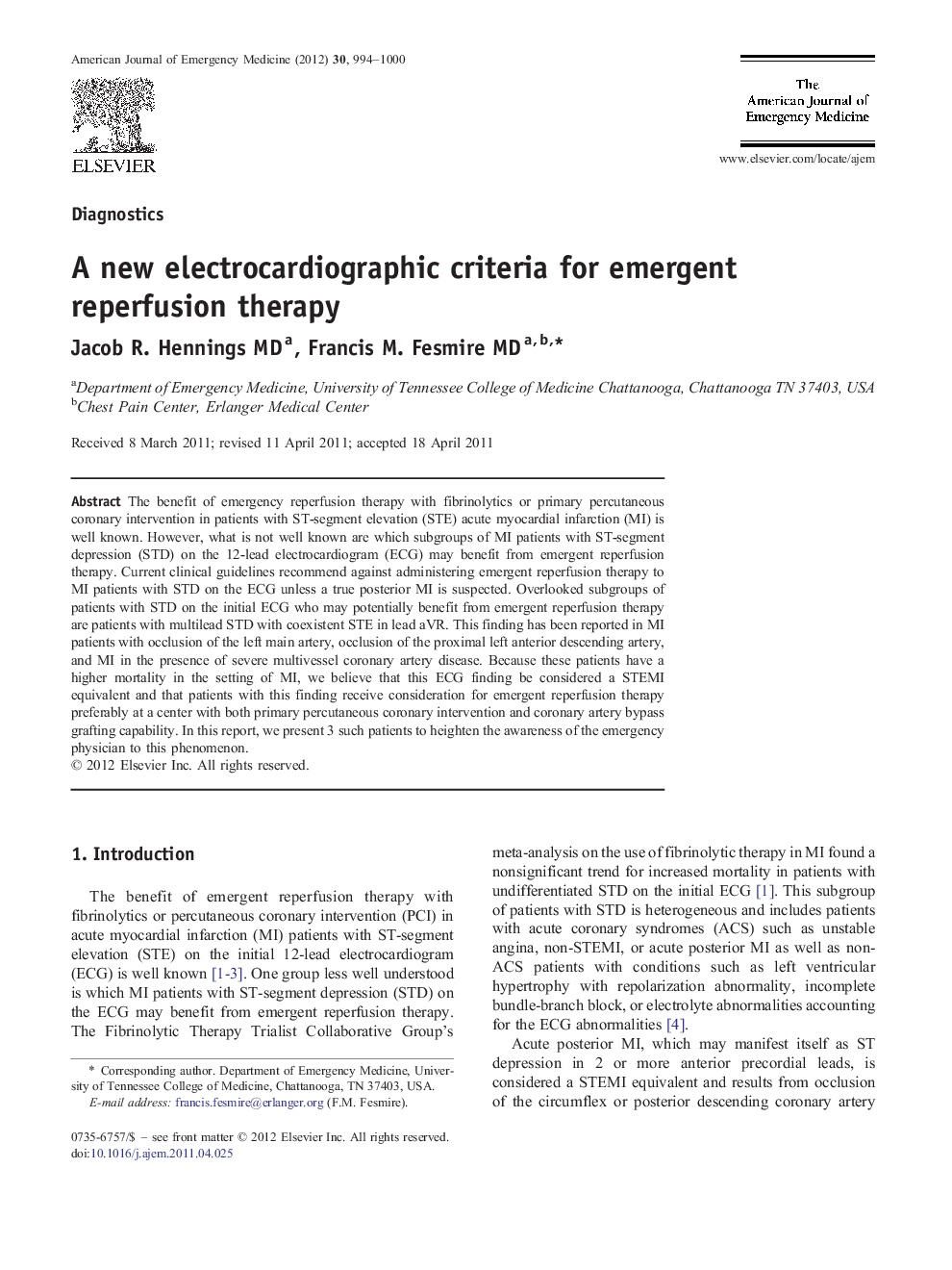 A new electrocardiographic criteria for emergent reperfusion therapy
