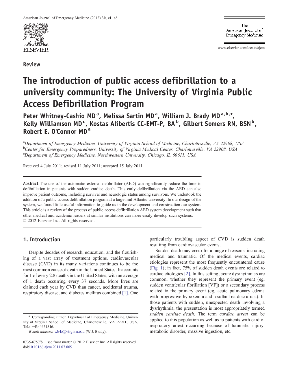 The introduction of public access defibrillation to a university community: The University of Virginia Public Access Defibrillation Program