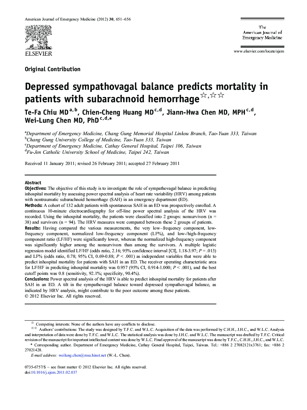 Depressed sympathovagal balance predicts mortality in patients with subarachnoid hemorrhage 