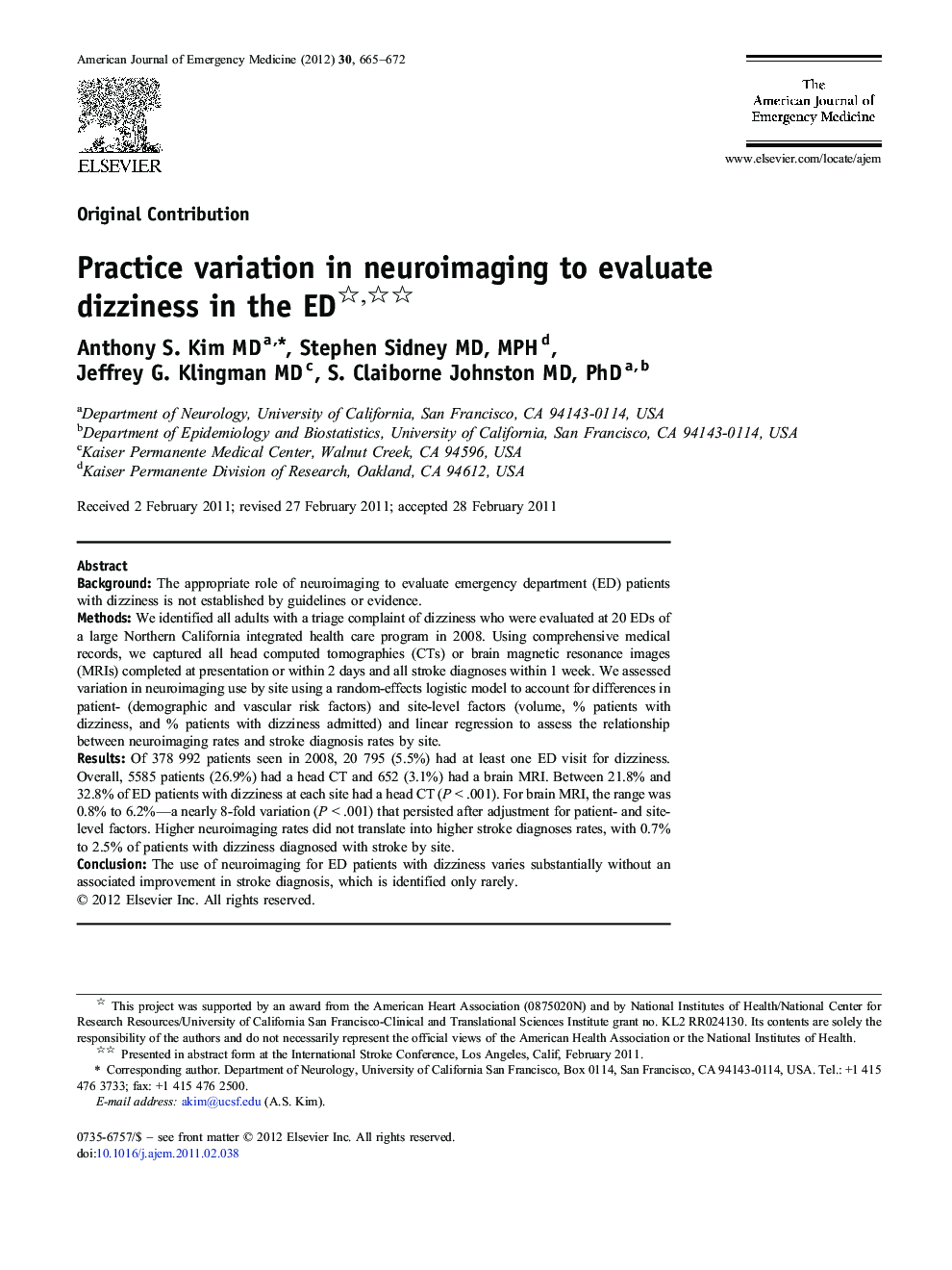 Practice variation in neuroimaging to evaluate dizziness in the ED 
