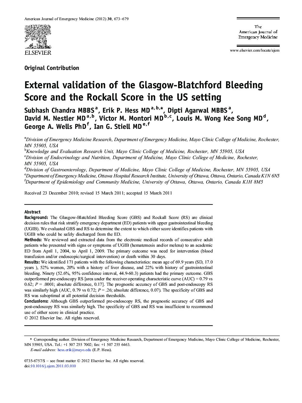 External validation of the Glasgow-Blatchford Bleeding Score and the Rockall Score in the US setting