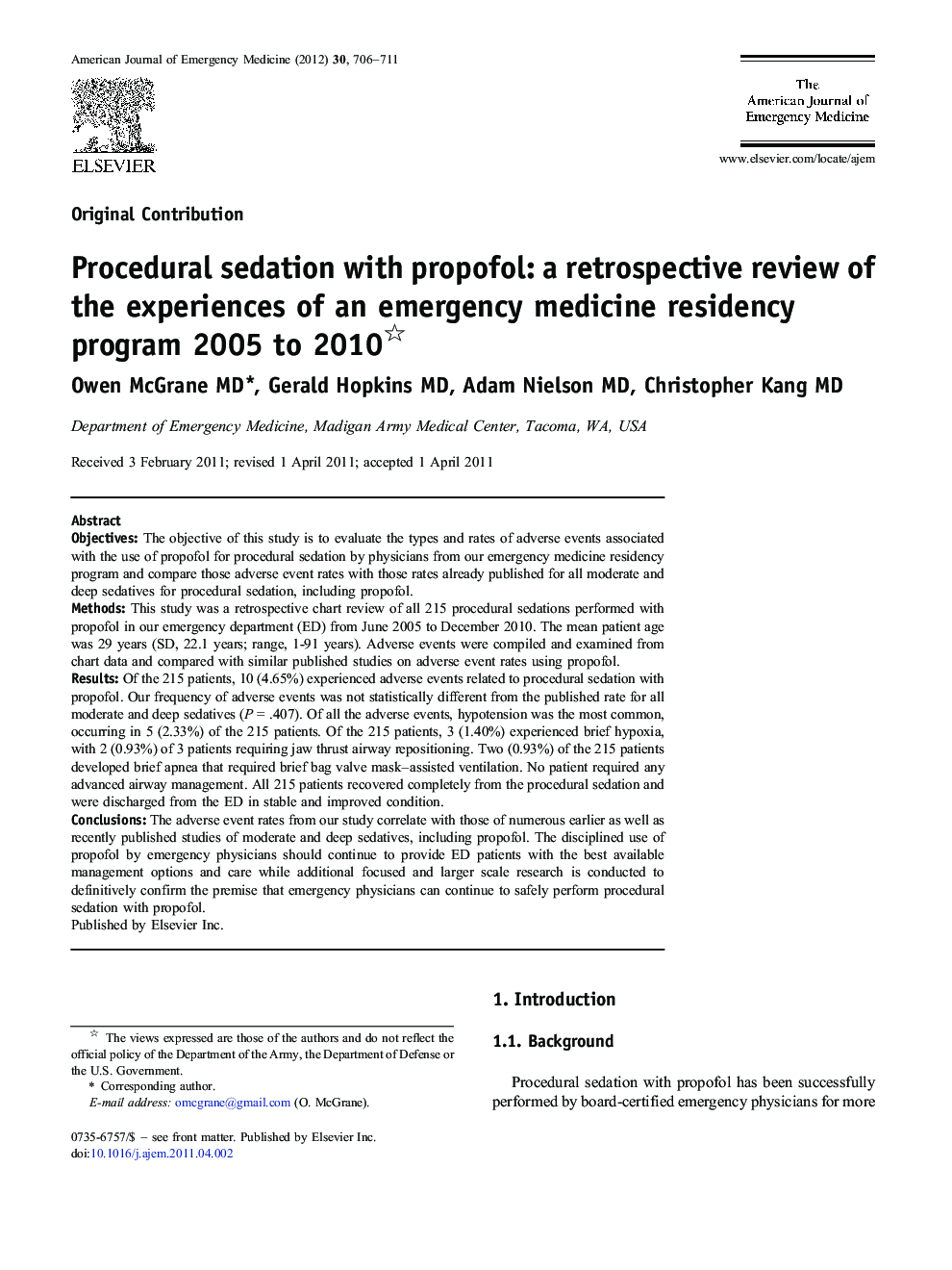 Procedural sedation with propofol: a retrospective review of the experiences of an emergency medicine residency program 2005 to 2010 