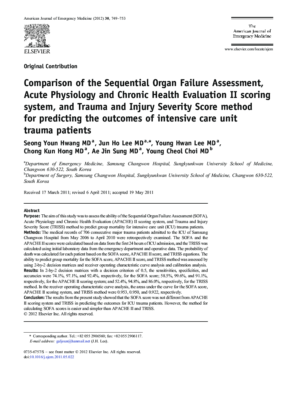 Comparison of the Sequential Organ Failure Assessment, Acute Physiology and Chronic Health Evaluation II scoring system, and Trauma and Injury Severity Score method for predicting the outcomes of intensive care unit trauma patients