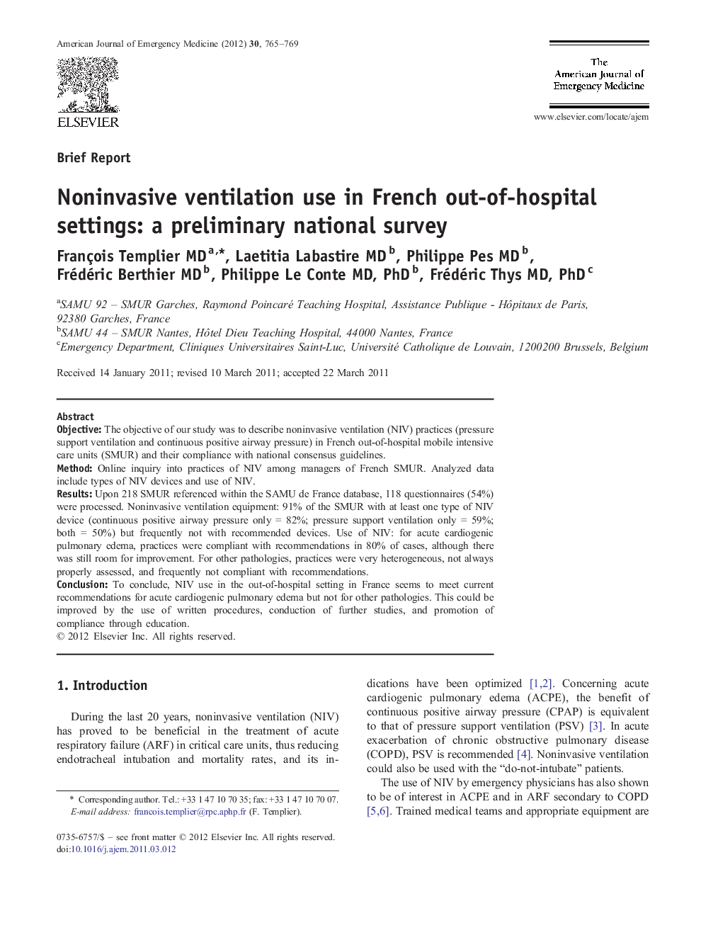 Noninvasive ventilation use in French out-of-hospital settings: a preliminary national survey
