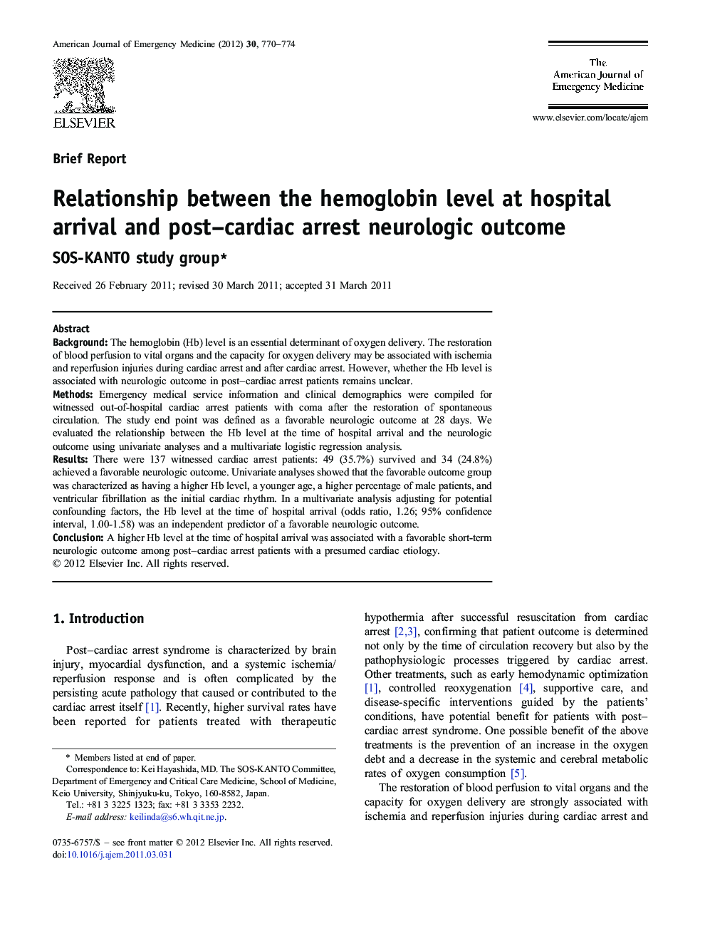 Relationship between the hemoglobin level at hospital arrival and post–cardiac arrest neurologic outcome