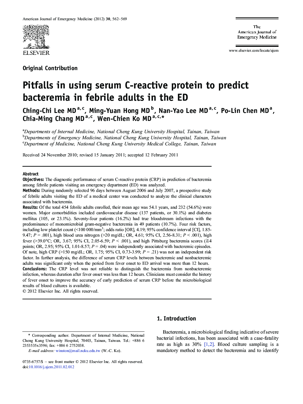 Pitfalls in using serum C-reactive protein to predict bacteremia in febrile adults in the ED